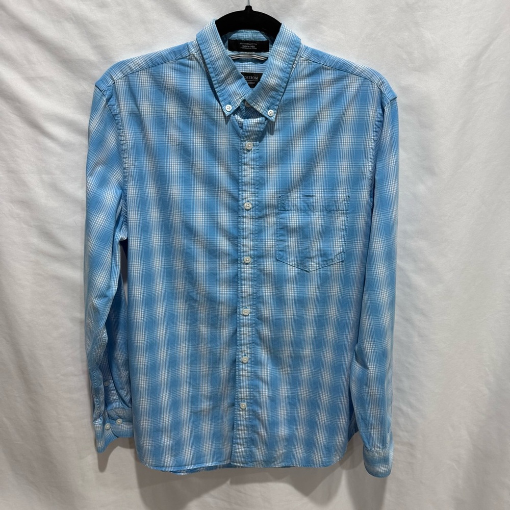 Nordstrom Men’s Shop Trim Fit Plaid Button Down Shirt M‎ 100% Cotton Lightweight